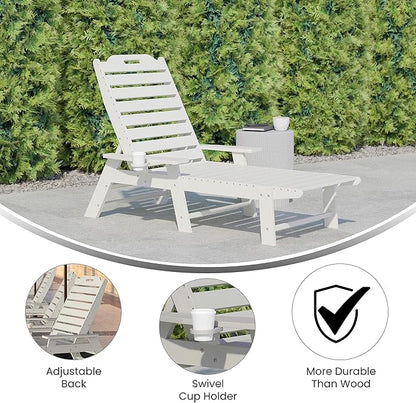 Flash Furniture Monterey Adjustable Adirondack Lounger with Cup Holder- All-Weather Indoor/Outdoor HDPE Lounge Chair, White