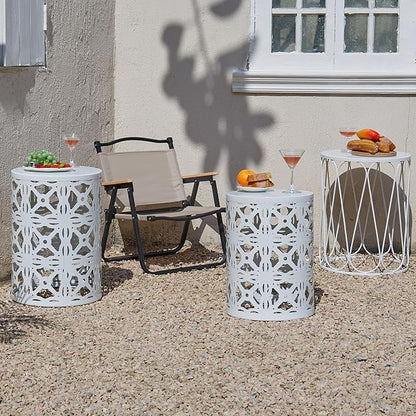 Y&M Set of 3 Stacking Coffee Table for Living Room, Round Metal Coffee Table, Indoor End Tables, Outdoor Garden Stool with Heavy Duty Metal Frame Modern Industrial Decor - Pure White (Ship from US)
