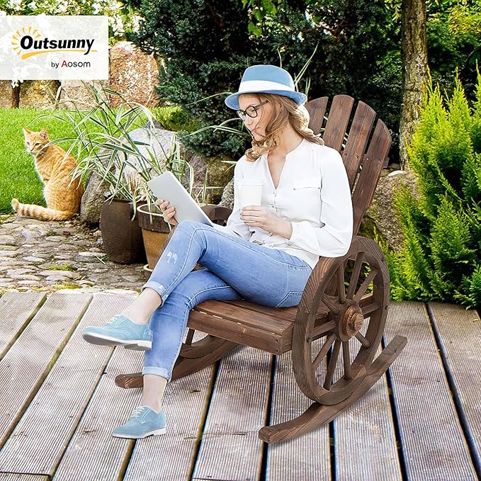 Outsunny Wooden Rocking Chair, Adirondack Rocker Chair w/Slatted Design and Oversized Back, Outdoor Rocking Chair with Wagon Wheel Armrest for Porch, Poolside, and Garden, Carbonized