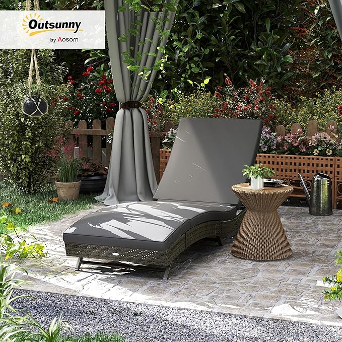 Outsunny Wicker Chaise Lounge Chair Outdoor with Wheels & Cushion, PE Rattan Patio Lounge Chair with 5-Level Adjustable Backrest for Poolside, Garden, Gray