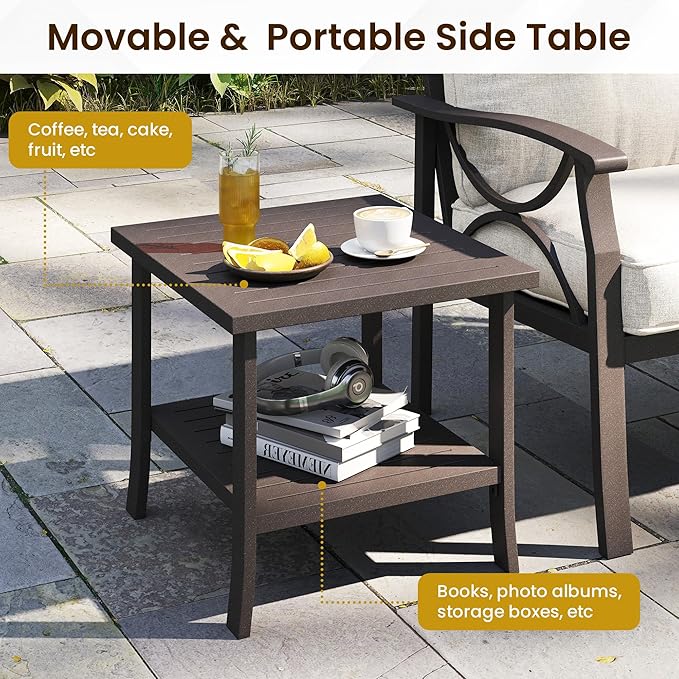 Kiss the Water Metal Square Side Table, 2-Tier Outdoor Coffee Table, All-Weather Outdoor Side Table for Patio End Porch Backyard Garden, Khaki