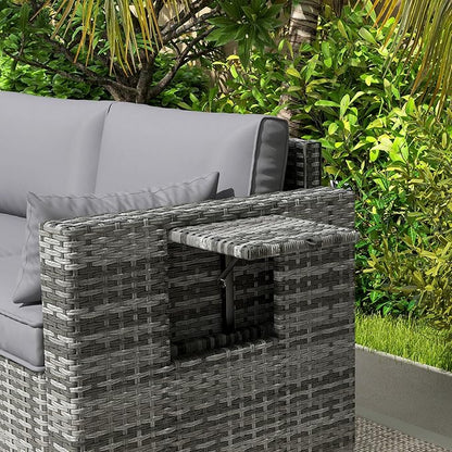 Outsunny 3 Seater Wicker Sofa with Side Tray Tables, Rattan Outdoor Patio Sofa with 6" Thick Back Cushions, Outdoor Wicker Couch with Deep Seating, Pillows for Porch, Garden, Backyard, Mixed Gray