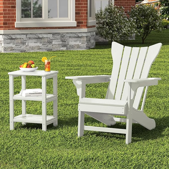 3 Tier Outdoor Side Table Adirondack Side Table HDPE End Table Patio Side Table Rectangle Tables for Outdoor Backyard Garden Balcony (Retro, White)