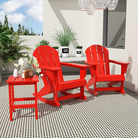 WO WESTIN OUTDOOR HDPE Laguna Outdoor Rocking Poly Adirondack Chair with Side Table 3-Piece Set, Red