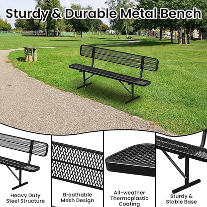 8 FT Heavy Duty Metal Park Bench for Outside, Black Bench with Backrest,4-6 Person Seat, Outdoor Commercial Metal Mesh Benches for Shopping Mall, Lawn, Park, Deck, Garden, Patio, Porch