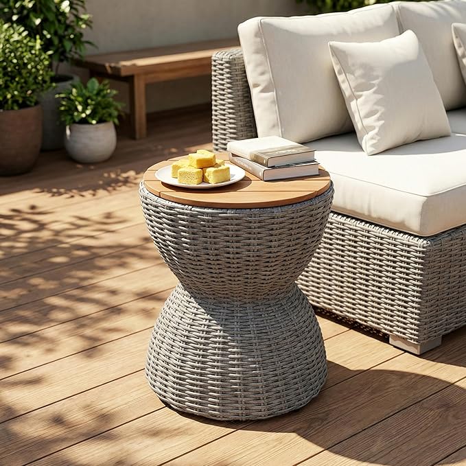 Christopher Knight Home Denhill 15.25" Outdoor Side Table, Round Patio End Table with Wood Top and Wicker Base - Photo 1