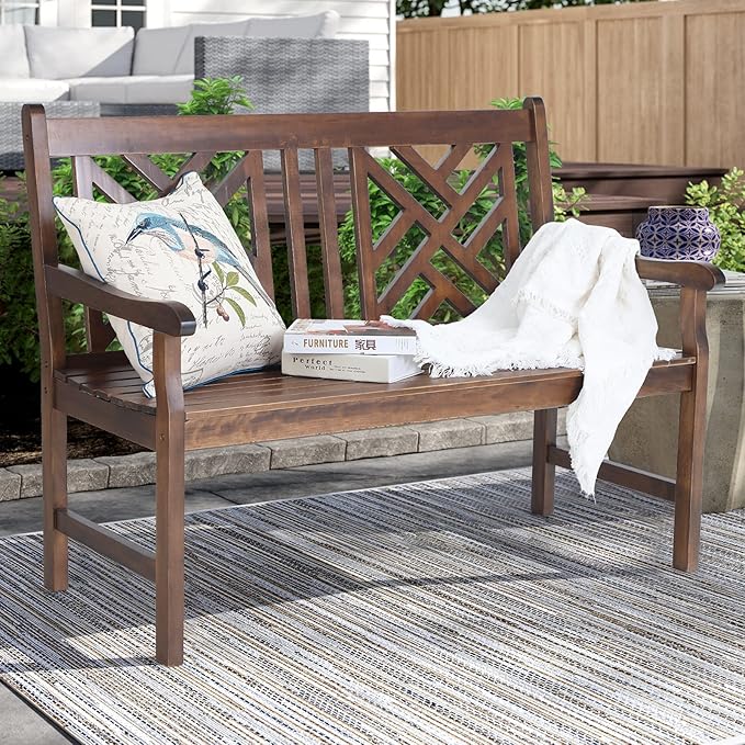 Sophia & William Outdoor Patio Poplar Wood Bench Walnut, PU Painting Wooden Bench with Backrest and Armrests for Porch, Pool, Garden, Lawn, Balcony, Backyard and Indoor, Load Capacity: 600 lbs, 1 Pack
