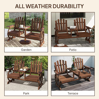 Outsunny Wooden Garden Bench with Table, Umbrella Hole, 2-Seat Wagon Wheel Outdoor Bench with Slatted Seat, High Backrest, Armrests for Backyard, Patio, Garden, Carbonized