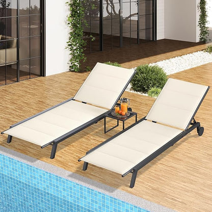 YITAHOME Patio Chaise Lounge Set of 3, Outdoor Lounge Chairs with Side Table, Padded Fabric, and Wheels, Adjustable Backrest Poolside Loungers for Pool Beach Patio Porch - Beige