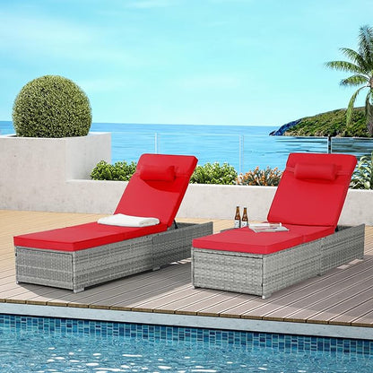 Outdoor Chairs Set of 2, Wicker Patio Furniture Chaise Lounge, Pool Lounge Chairs with Adjustable Backrest, Beach Rattan Recliners for Outside Poolside, Backyard, Garden & Tanning, Red 2