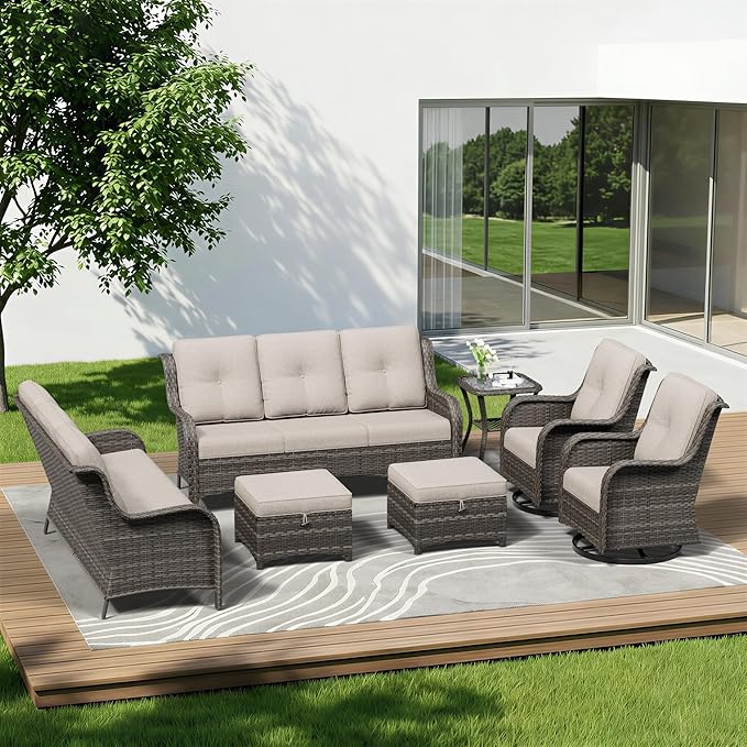 7 Piece Outdoor Wicker Patio Furniture Set, Outdoor Swivel Rocker Patio Chairs Set with Thickened Olefin Cushions - Photo 1