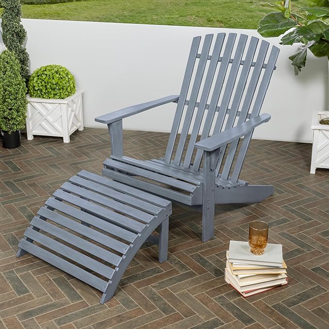 JONATHAN Y ADK1000E Saranac 2-Piece Traditional Rustic Acacia Wood Adirondack Chair with Detachable Ottoman Classic, Coastal, Cottage, Vintage, Farmhouse, Cashmere Blue