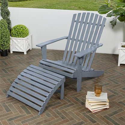 JONATHAN Y ADK1000E Saranac 2-Piece Traditional Rustic Acacia Wood Adirondack Chair with Detachable Ottoman Classic, Coastal, Cottage, Vintage, Farmhouse, Cashmere Blue