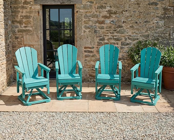 HDPE Swivel Glider Chair Outdoor, Weather Resistant Adirondack Outside Rocking Chair, Wooden Textured Outdoor Swivel Chair Set of 4 for Porch, Balcony, Poolside, Backyard (Aruba Blue)