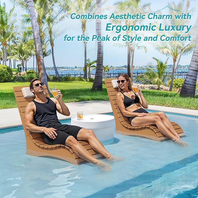 HDPS Pool Lounge Chairs Set of 2, Use in Pools Lounge Chairs up to 10-Inches of Water, Chaise Chairs with Headrest, Lounge Chair Outdoor, Fade-Resistant Pool Lounger for Deck