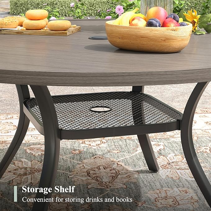 47.2" Patio Dining Table for 6, Round Outdoor Metal Dining Table with Umbrella Hole for Lawn Garden Backyard, Grey