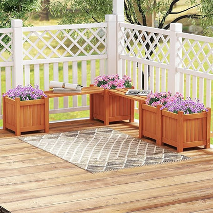 Giantex 2-in-1 Outdoor Bench with 2 Raised Garden Beds, Wood with Teak Oil Finish, Garden Bench Seat with Planter Boxes for Porch Balcony Lawn Yard, DIY Assembly, 42"x11"x11.5"