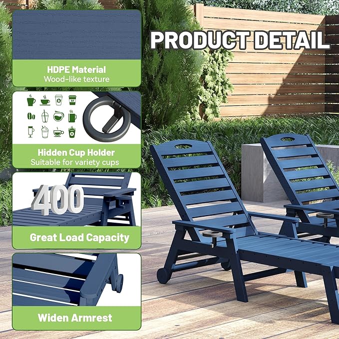 Outdoor Lounge Chairs Set of 2, 78'' Long Patio Lounge Chair HDPE 5-Position Adjustable with Cup Holder & Rolling Wheels, Pool Lounge Chair for Sunbathing Tanning, Deck, Poolside -Dark Blue