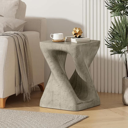 Faux Concrete Side Table Outdoor Patio Square Side Table Faux Stone End Table Small Coffee Table Faux Wood Stump Accent Tables, Garden Stool Plant Stand for Porch, Backyard Grey