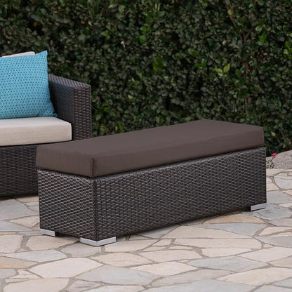 Christopher Knight Home Kiin Durable Resin Wicker Outdoor Bench with Comfy Removable Cushion, Rectangular Garden Bench with Iron Frame, Long Extra Seating for Poolside/Patio/Balcony, Brown