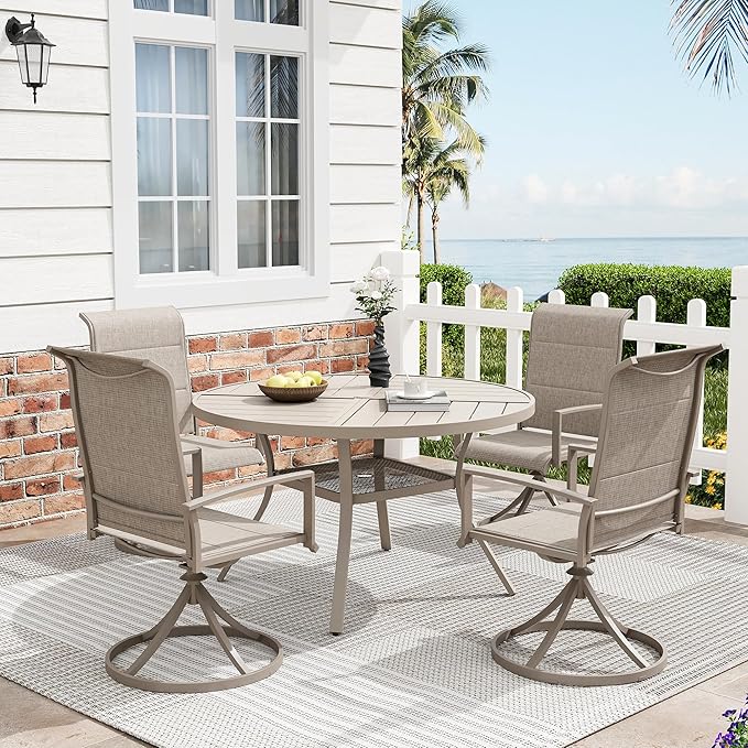 Patio Dining Table for 4, Round Metal Outdoor Table with Storage Shelf, 1.57" Umbrella Hole, 41" Outdoor Quartered Tabletop Dining Table for Backyard, Porch, Lawn, Sand