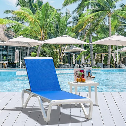 Domi Pool Lounge Chair Aluminum Adjustable Outdoor Chaise Lounge,All Weather Plastic Poolside Lounge Chair with Table for Deck Lawn Backyard, Blue Textilene