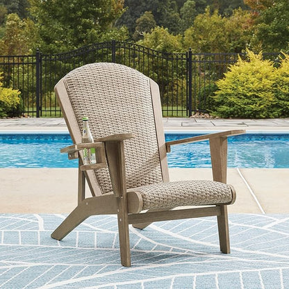 Signature Design by Ashley Bradstreet Bay Casual Outdoor Eucalyptus Wood Padded High Back Adirondack Chair with Handwoven Resin Wicker, Beige