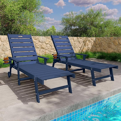 YEFU Lounge Chair Outdoor Set of 2: Outdoor Chaise Lounge with 5-Level Adjustable Backrest, Cup Holders & Wheels, All-Weather Resistance Chaise Lounge for Outside/Patio/Beach/Deck, Navy Blue
