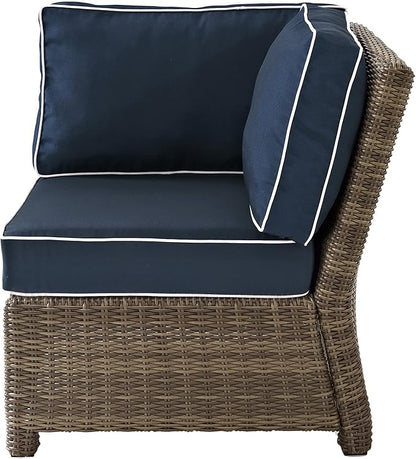 Crosley Furniture Bradenton Corner Outdoor Sectional Chair, Wicker Patio Chairs for Porch, Deck, Backyard, Brown with Navy Cushions