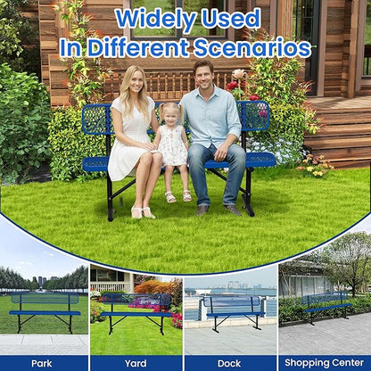 6FT Outdoor Metal Bench Park Benches for Outside, Blue Heavy Duty Long Steel Bench with Back, Commercial Garden Bench Expanded Metal Bench Seat for Lawn, Park, Deck, Garden, Patio, Porch