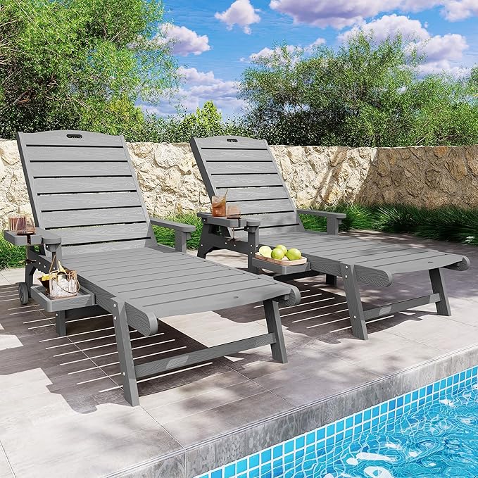 YEFU Chaise Lounge Chairs Set of 2 Outdoor,Pool Lounge Chair with Adjustable Backrest,All Weather Patio Lounge Chair with Cup Holder&Armrest,for Outside,Beach,Deck,Heavy Duty,400lbs Capacity(Grey)