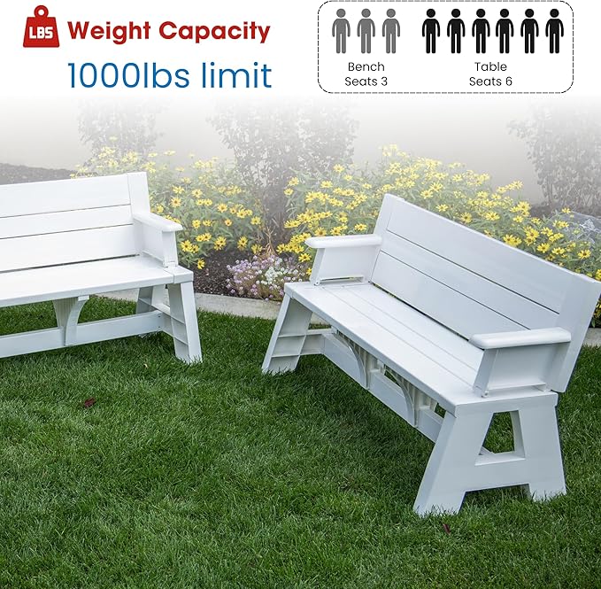 Convert-a-Bench Gen 1 2-in-1 Outdoor Convertible Bench to Picnic Table | Space-Saving, Weather-Resistant Patio Furniture for Yard, Deck, Garden | Easy Assembly & Durable Design -1 Bench/Order, White