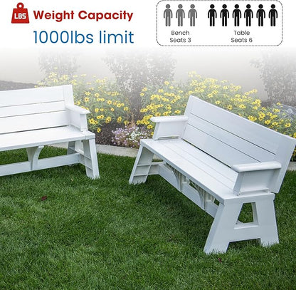 Convert-a-Bench Gen 1 2-in-1 Outdoor Convertible Bench to Picnic Table | Space-Saving, Weather-Resistant Patio Furniture for Yard, Deck, Garden | Easy Assembly & Durable Design -1 Bench/Order, White