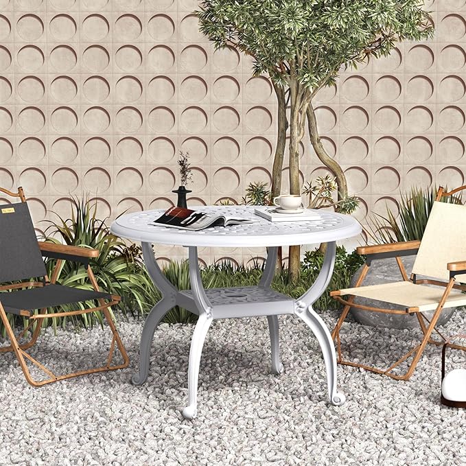 Round Outdoor Coffee Table Set of 2, Cast Aluminum Side Table with Storage,Indoor End Table, All-Weather Bistro Table for Patio Garden Lawn, White