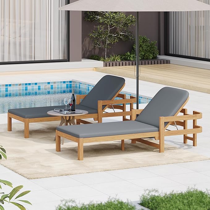 Christopher Knight Home Kayas Acacia Wood Chaise Lounge with Adjustable Backrest, 77.5" Outdoor Sun Lounger with Cushion, Patio Lounger Recliner Chair for Poolside Lawn, Light Teak+Gray, Set of 2
