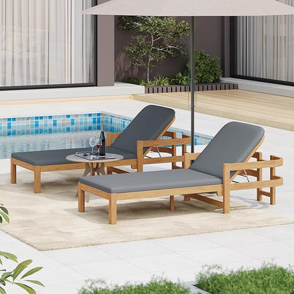Christopher Knight Home Kayas Acacia Wood Chaise Lounge with Adjustable Backrest, 77.5" Outdoor Sun Lounger with Cushion, Patio Lounger Recliner Chair for Poolside Lawn, Light Teak+Gray, Set of 2