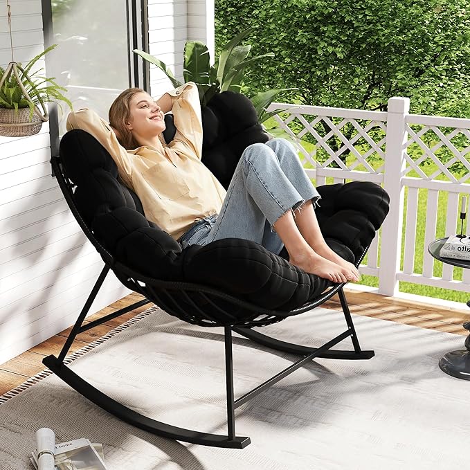 Kromax Oversized Outdoor Papasan Rocking Chair, Wicker Egg Chair Rocker for Outside, Comfy Patio Rocker, Large Indoor Rocking Recliner, Modern Egg Style, Black