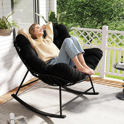 Kromax Oversized Outdoor Papasan Rocking Chair, Wicker Egg Chair Rocker for Outside, Comfy Patio Rocker, Large Indoor Rocking Recliner, Modern Egg Style, Black