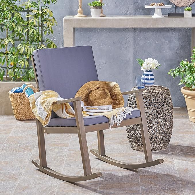 Outdoor Rocking Chair with Armrests and Cushions, Acacia Wood Structure, for Garden, Patio or Balcony, Dark Grey - Photo 3