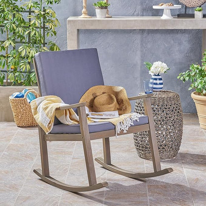 Outdoor Rocking Chair with Armrests and Cushions, Acacia Wood Structure, for Garden, Patio or Balcony, Dark Grey