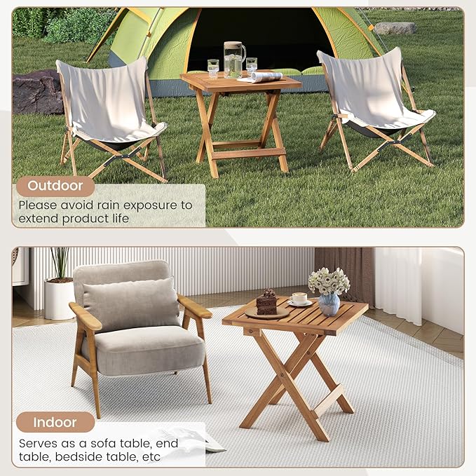 Tangkula Outdoor Folding Side Table, Acacia Wood End Table with X-Shaped Legs & Slatted Tabletop - Photo 8
