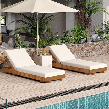 Merax 2-Piece Acacia Wood Chaise Lounge Set w/ 6-Position Adjustable Backrest & Cushion - Outdoor Patio Poolside Furniture, Beige