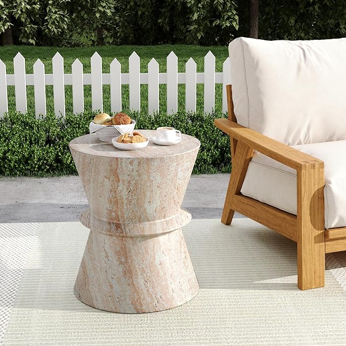 Outdoor Side Table Faux Marble End Table Faux Stone Side Tables Travertine Small Coffee Tables for Indoor Outdoor - Photo 1
