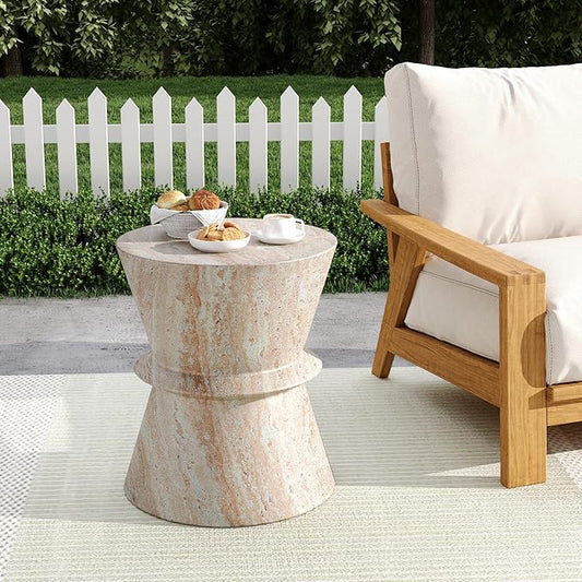 Outdoor Side Table Faux Marble End Table Faux Stone Side Tables Travertine Small Coffee Tables for Indoor Outdoor, Garden Stool Plant Stand for Porch, Backyard Patio, 15.5"-Drum