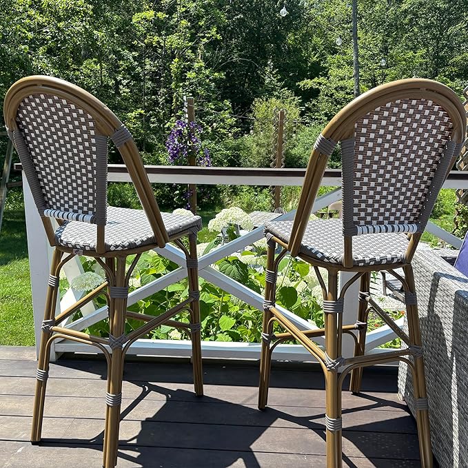 PURPLE LEAF French Bar Stool Set of 2 Bamboo Print Finish Patio Bar Stools with Back Rattan Chairs Wicker Bar Height - Photo 2
