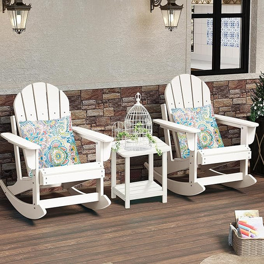Sundale Outdoor Rocking Chair Set of 4 with Pillow, Patio Plastic All Weather Adirondack Rocker for Proch, Water Resistant for Outside, Garden, Pool, Yard, White