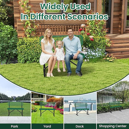 4ft Green Metal Park Bench with Backrest, Heavy Duty Outdoor Benches Weatherproof Steel Long Playground Bench Seats, Commercial Garden Benches Dock Benches for Lawn, Park, Deck,Patio, Porch