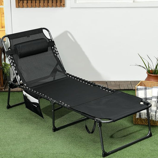 Outsunny Folding Chaise Lounge with 5-Level Reclining Back, Tanning Chair with Face Hole, Outdoor Lounge Chair with Side Pocket & Headrest for Beach, Yard, Patio, Black