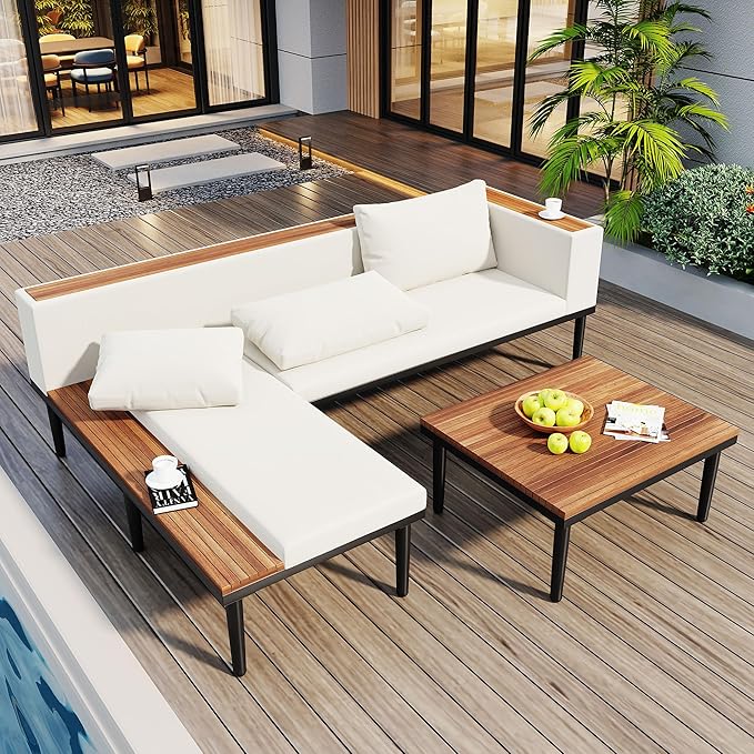 Modern Acacia Wood Patio Furniture Set with Removable Cushions, Coffee Table and Side Table - Photo 1