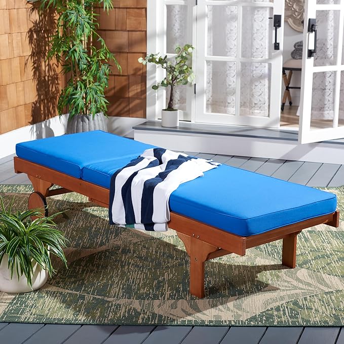 SAFAVIEH Outdoor Collection Newport Natural/ Royal Blue Cushion Built-in Side Table Adjustable Chaise Lounge Chair